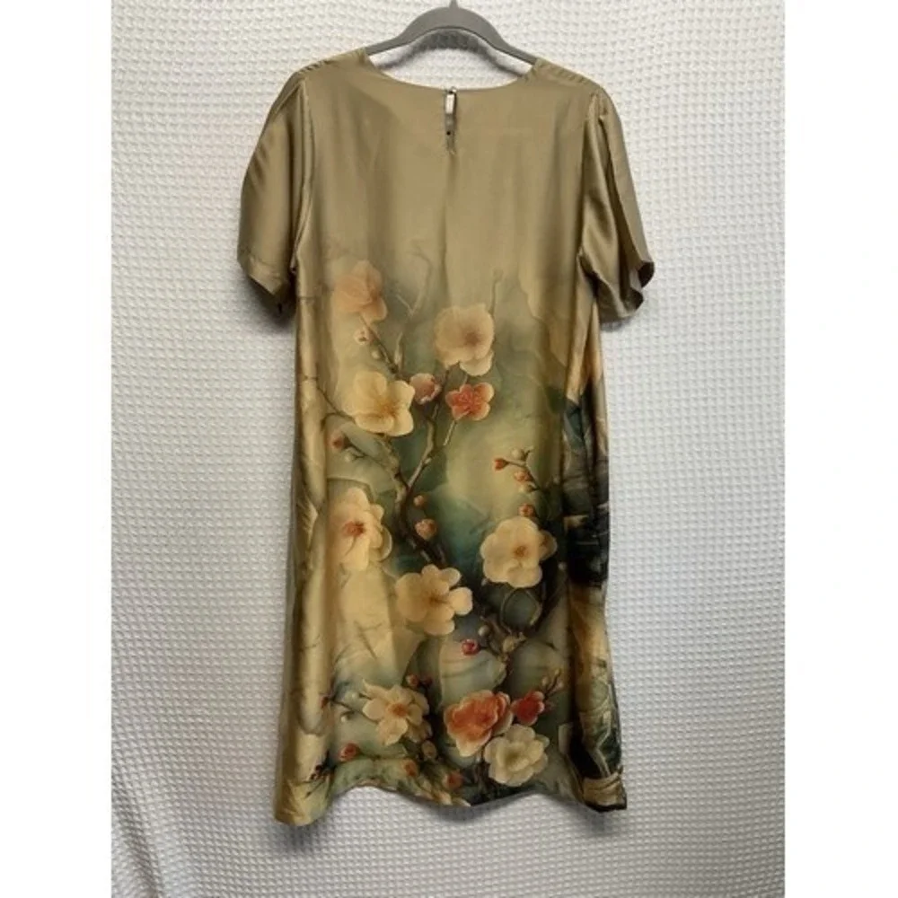 Metalicus Beige Asian Inspired Sateen Art Floral Midi‎ Shift Dress Women L China
